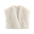 Faux fur effect vest for women in beige, v-neck, regular sleeve, soft texture