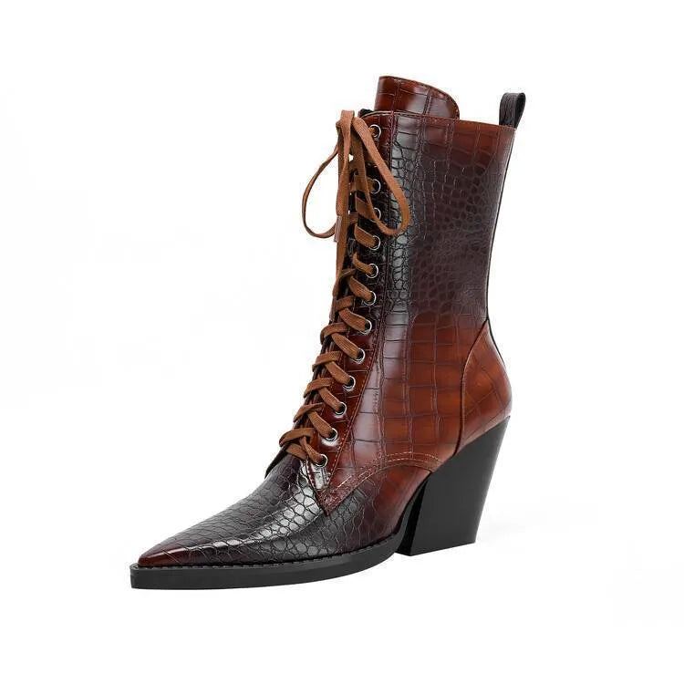 Women's dark brown retro ankle boots with stone pattern, pointed toe, lace front, and chunky heel