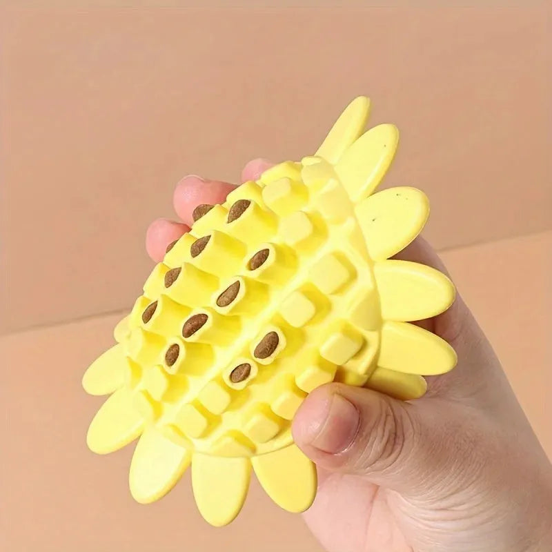 Yellow rubber sunflower-shaped dog chew toy for puppies with textured petals