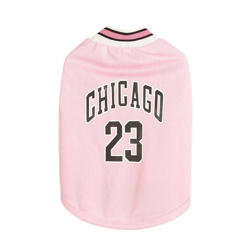 Mesh polyester dog basketball vest in black with basketball design, side view on a white background