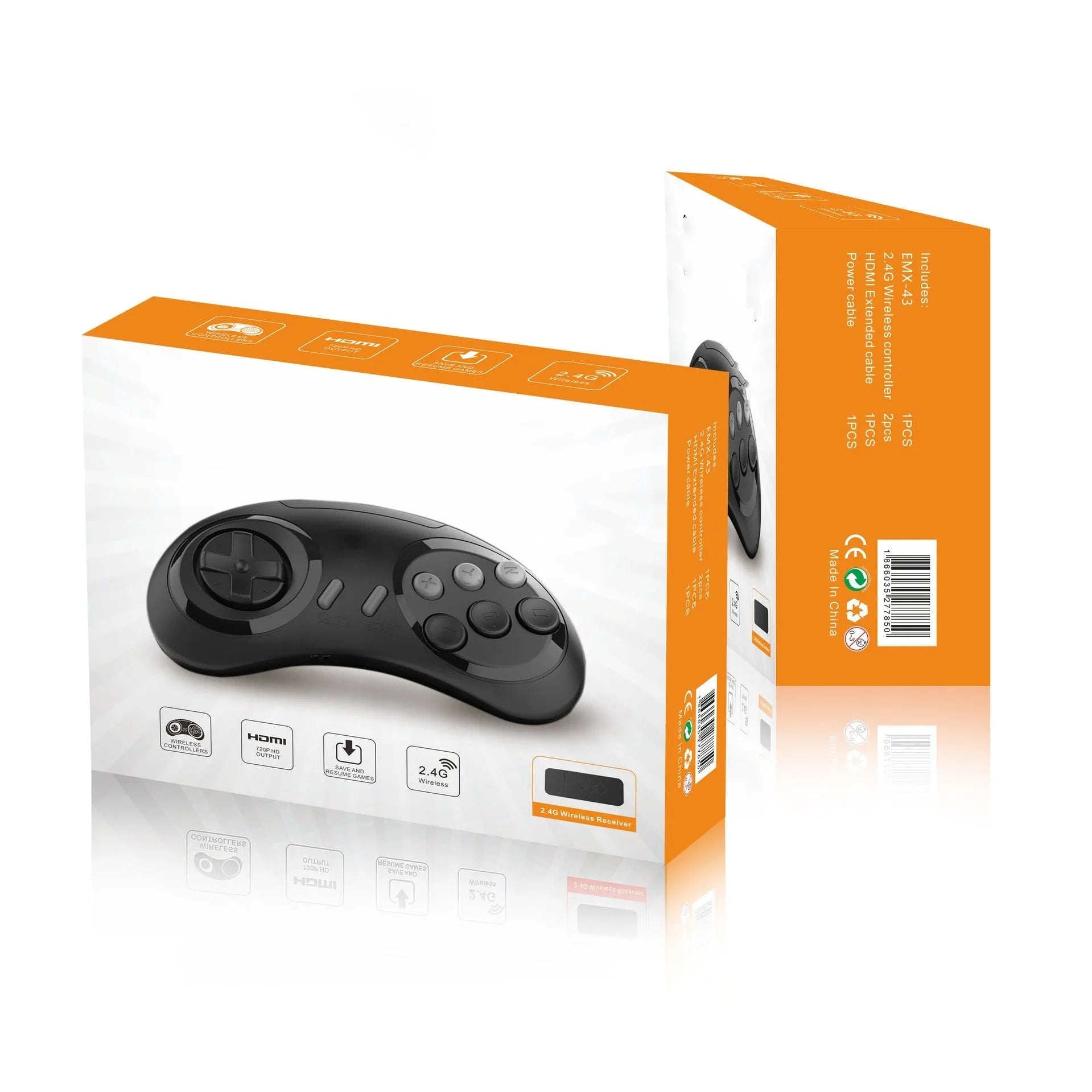 Mini wireless home game console in black with nostalgic style, ABS material, and wireless gamepad for children aged 6-14