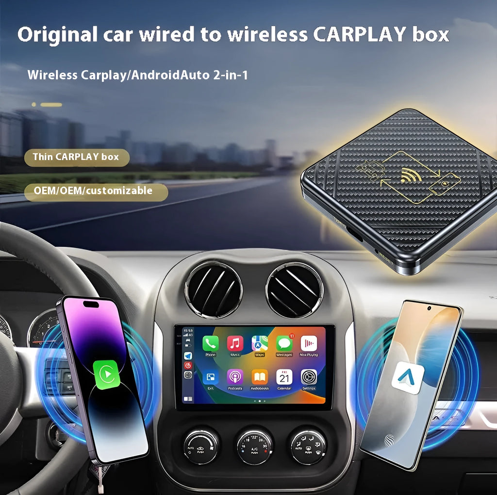 Wireless CarPlay and Android Auto adapter with USB connection and gold or white ABS plastic housing