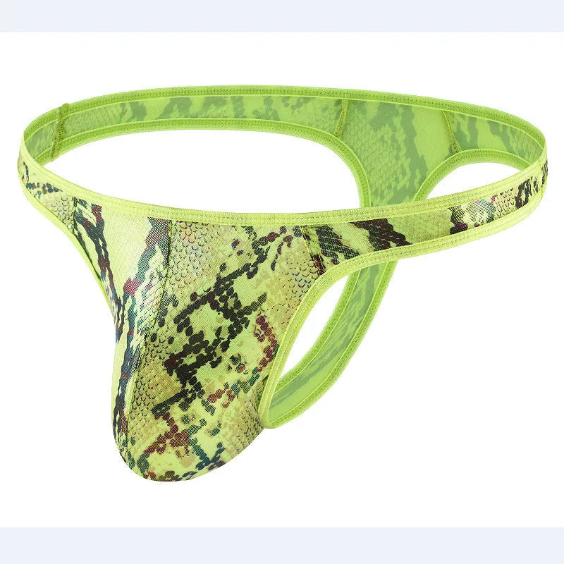 Men's camouflage snake print thong underwear in green colour showing low-waist T-back design