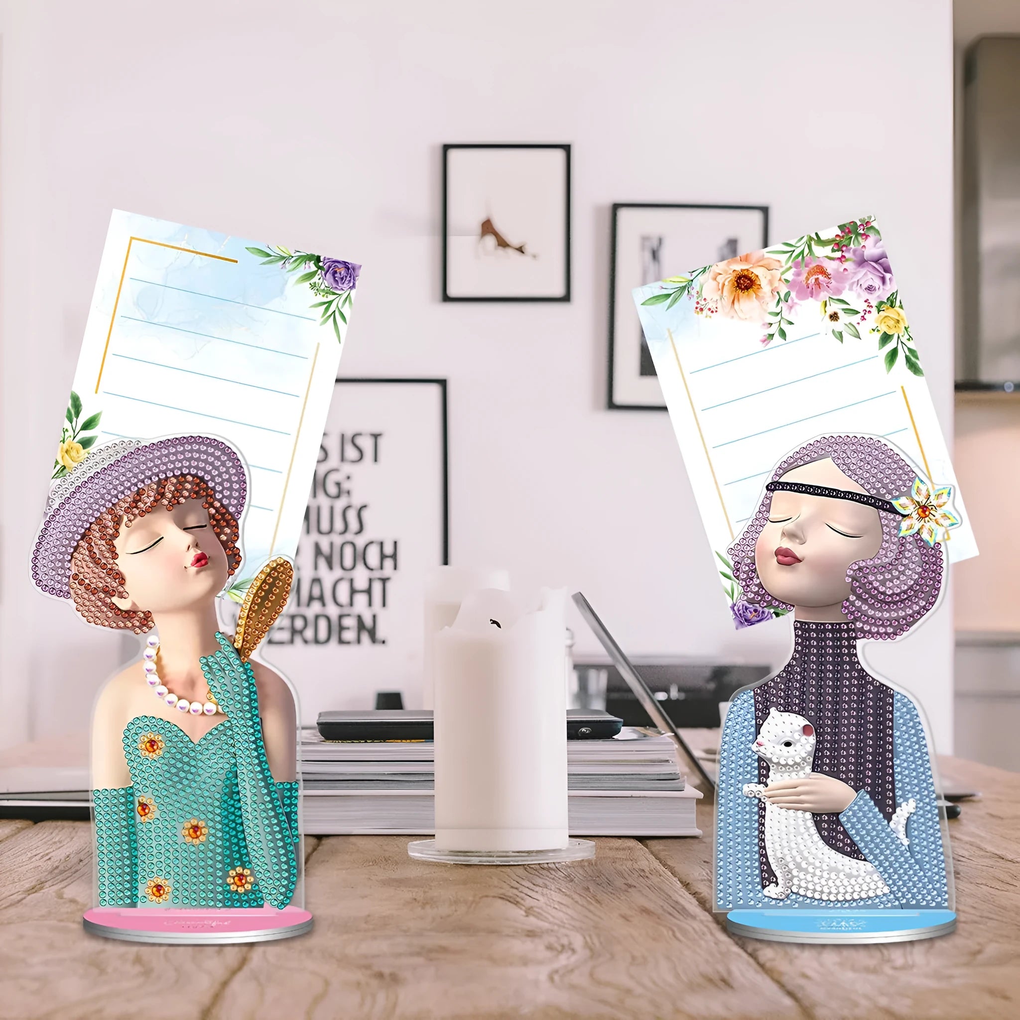 American-style frameless decorative note clip with diamond painting on a desktop.