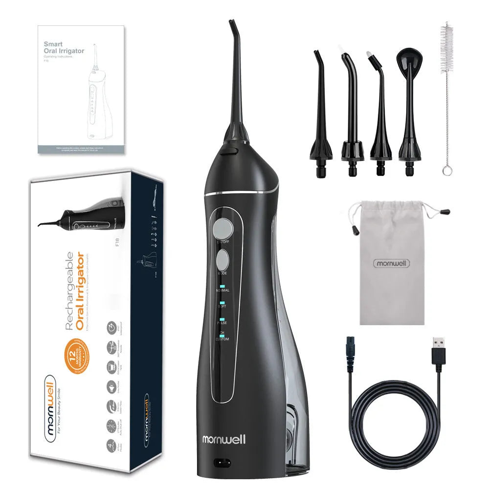 Black portable oral irrigator with water reservoir and nozzle for adult dental cleaning