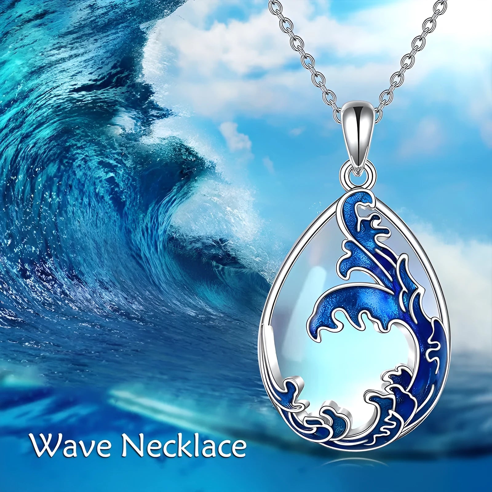 Blue heart-shaped alloy pendant necklace for women showing moonstone colour finish.