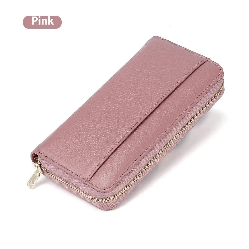 Long genuine leather women's wallet in solid colour with anti-theft card swiping feature