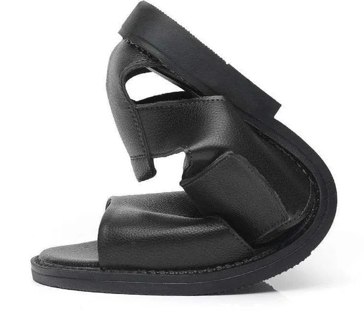 Men's black and brown leather Roman sandals with open toe design and non-slip rubber soles
