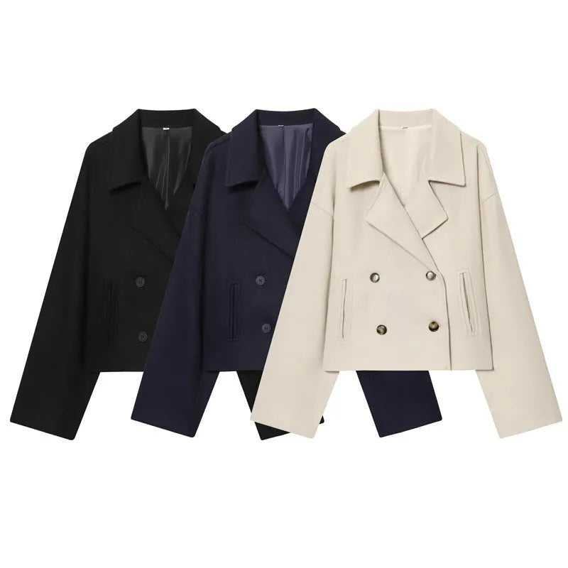 Double breasted short woolen coat for women in apricot with front pocket and regular sleeves