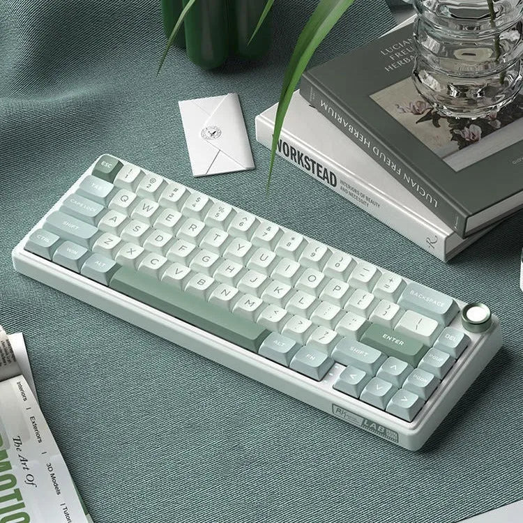 White wireless mechanical keyboard with RGB backlighting in compact 68-key layout on desk