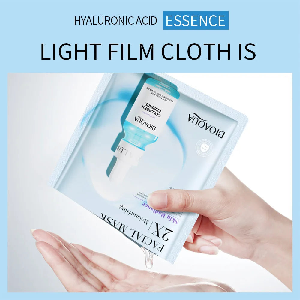 Set of collagen, hyaluronic acid, vitamin C and Centella Asiatica gel face sheet masks in 30g sachets.
