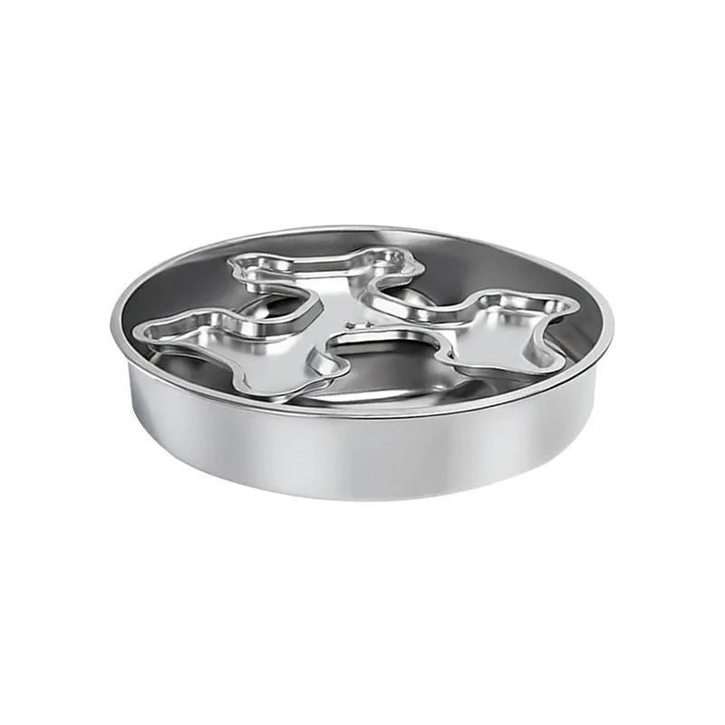 Stainless steel rotating slow-feeding pet bowl with bone design for dogs and cats to prevent choking