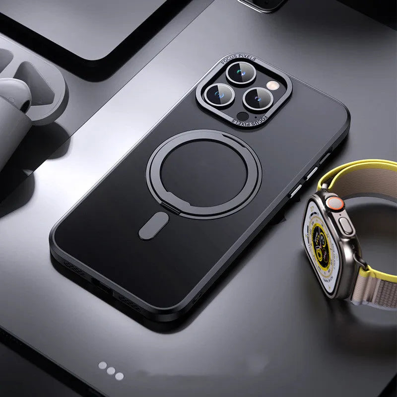 Transparent magnetic iPhone case with aluminium alloy bracket on iPhone 15 Pro