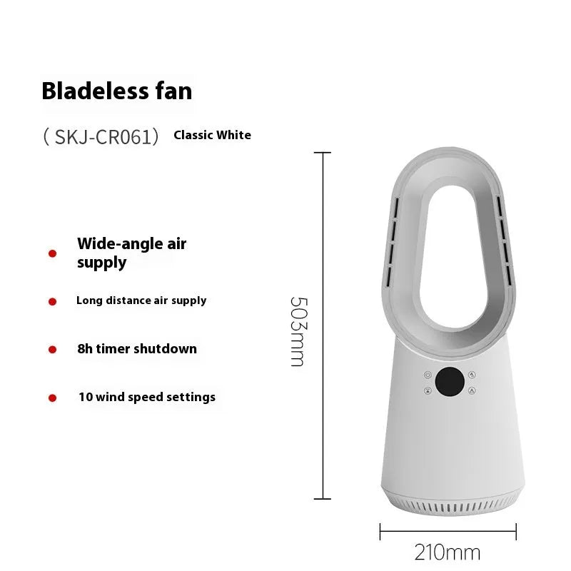 SK white bladeless tower fan with remote control on a wooden floor next to a desk.