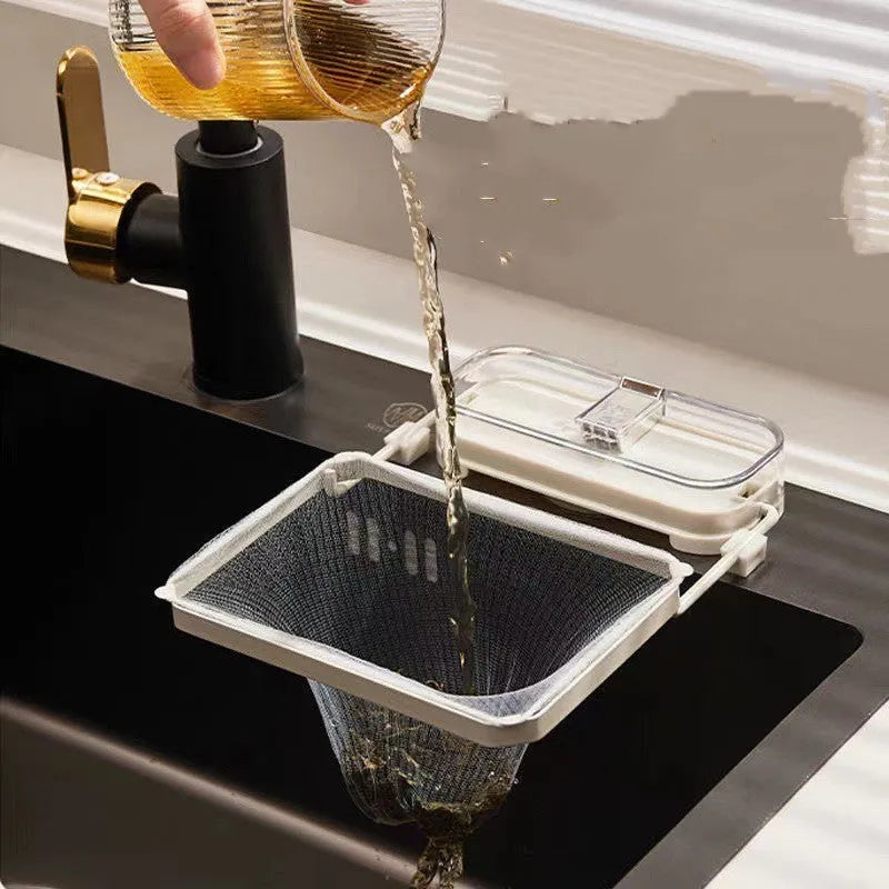 Dark green gold kitchen sink filter rack with suction cups and fine mesh for food waste collection