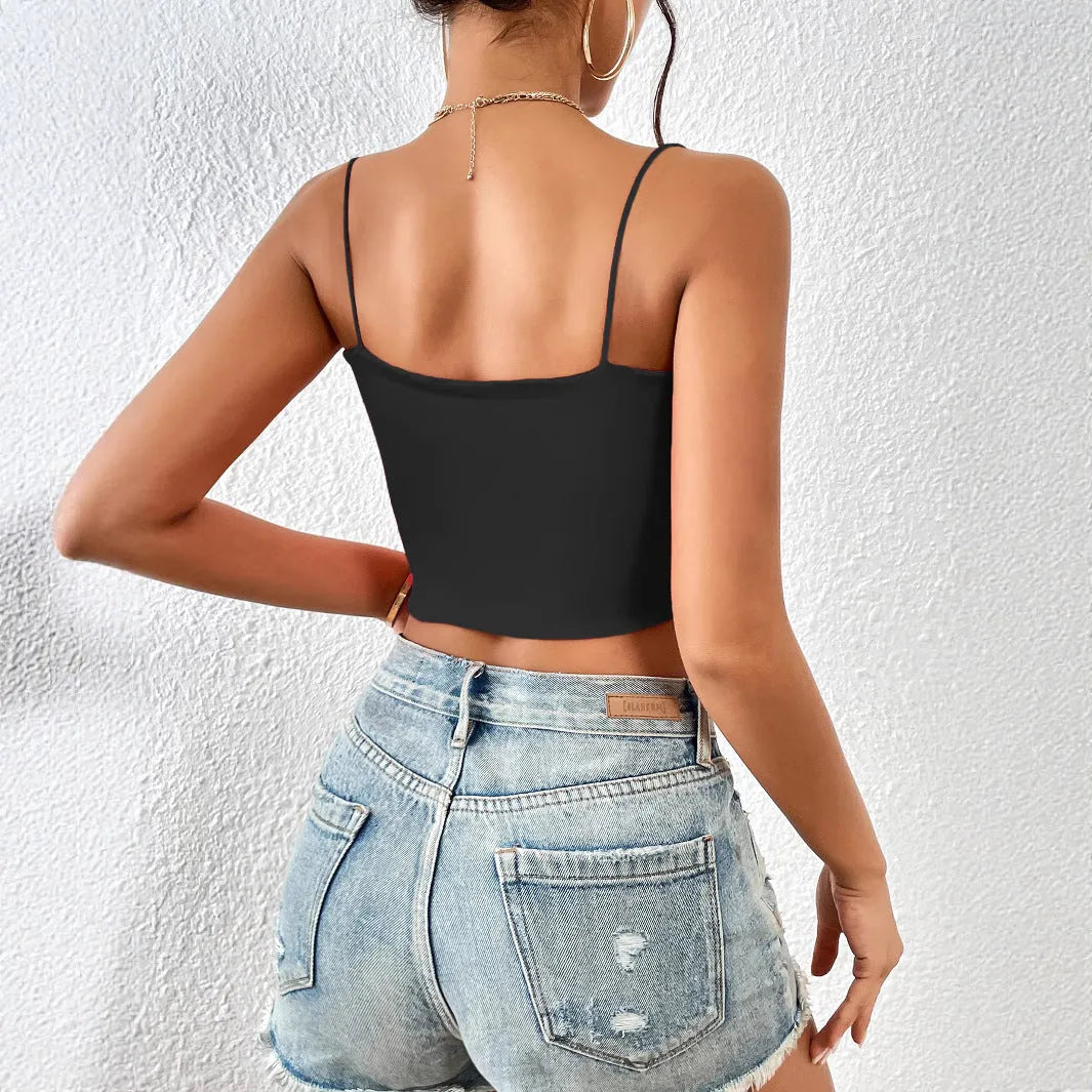 Women's crop top with camisole inside and outside, solid colour polyester vest, slim fit street style