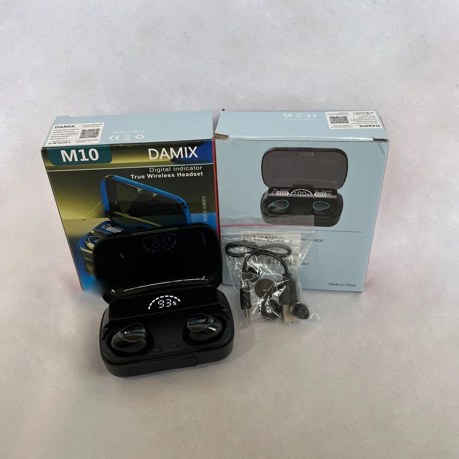 Black wireless Bluetooth earbuds with digital display charging case and magnetic charging