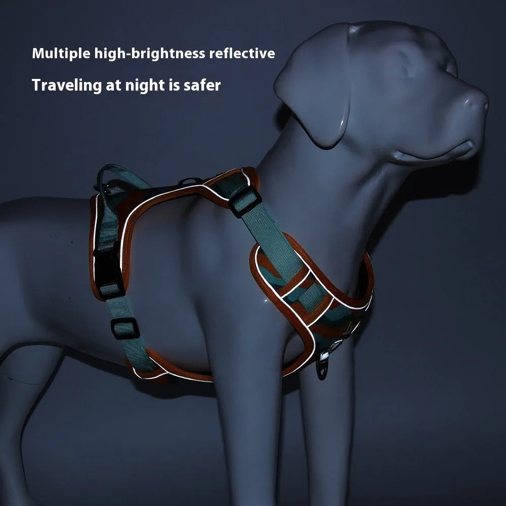 Orange reflective dog harness and hand-hold lead on a grassy background.