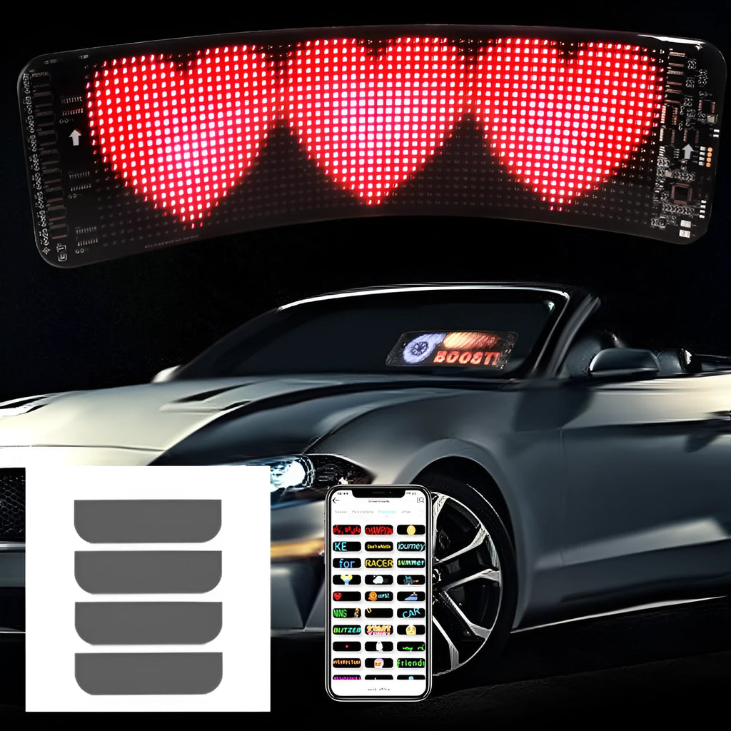 Flexible Bluetooth LED screen for car rear windshield display measuring 49.2 by 110 cm