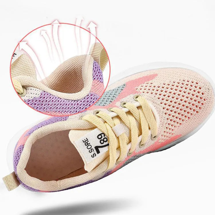 Women's blue and pink colourblock lace-up sneakers with mesh uppers