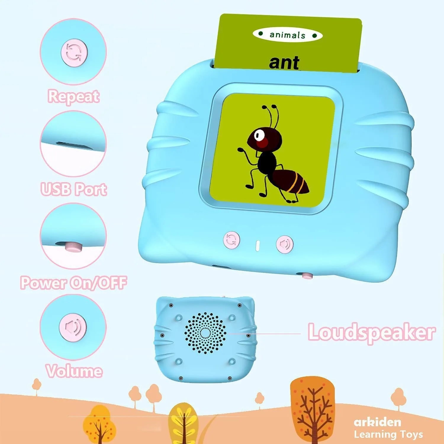 Blue children's learning machine with audiobook cards for English early education.