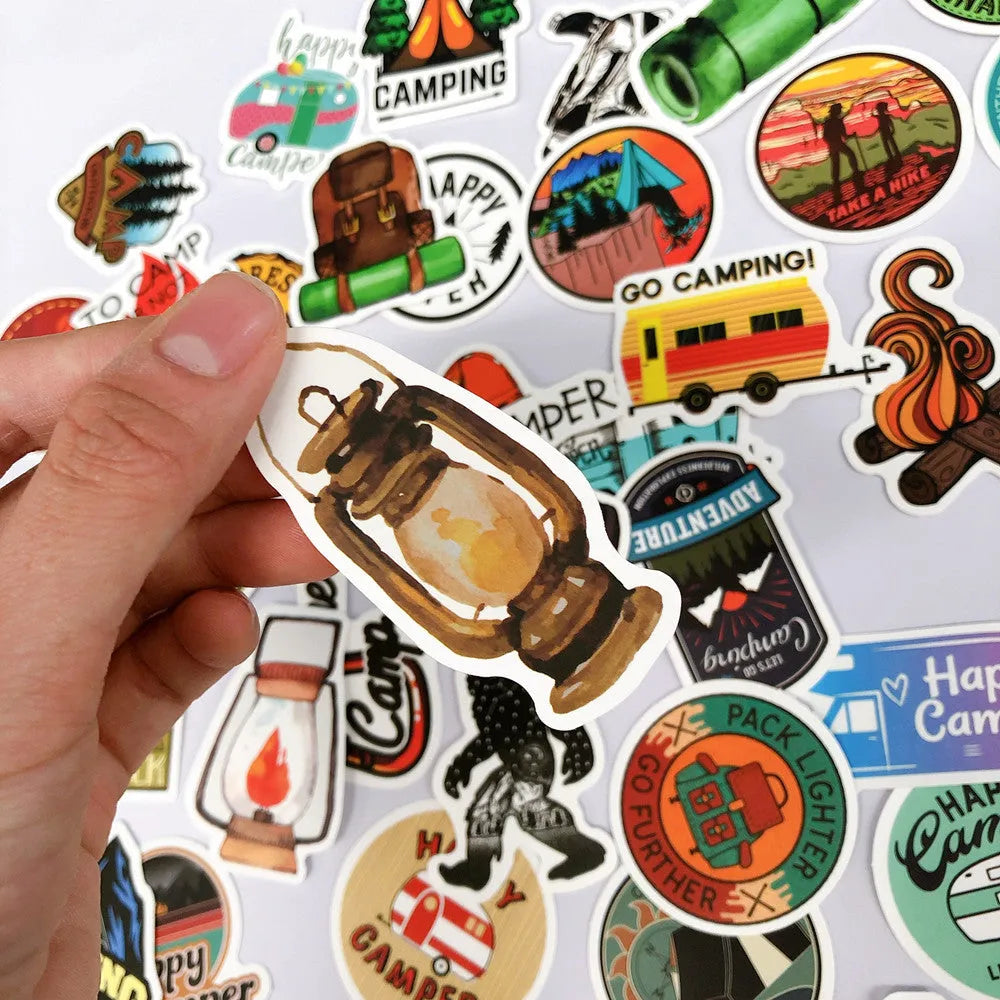 50 outdoor camping graffiti stickers, travel series PVC decals about 7cm, Go Camping pattern, model YT38