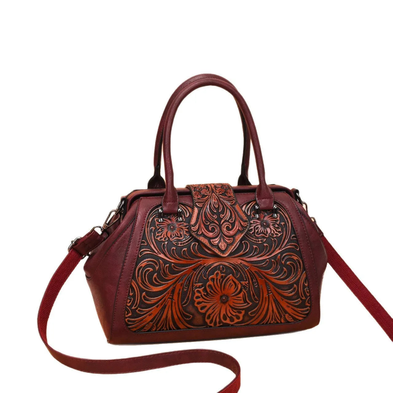 Handmade carved one-shoulder women's PU leather bag in beige with retro embossed pattern and pillow shape