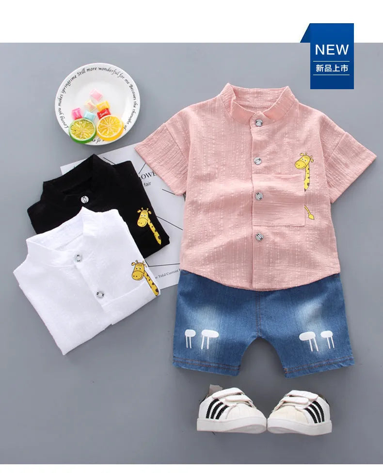 Baby boy cotton short sleeve shirt and shorts set with giraffe cartoon print in white, black, pink for 80-110cm children