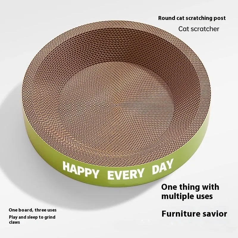 Green round cat nest with a central sisal scratching surface and soft inner cushion.