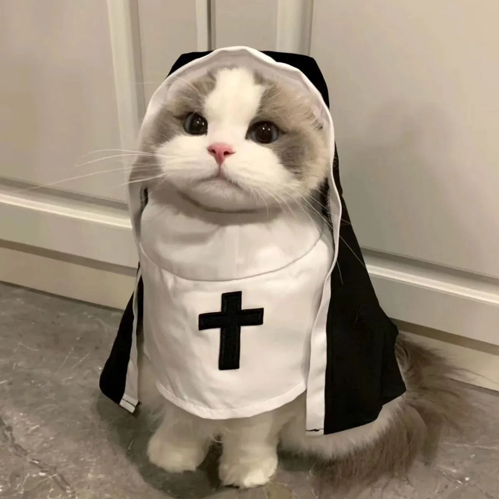 Black and white nun costume for small to medium dogs with polyester cloak