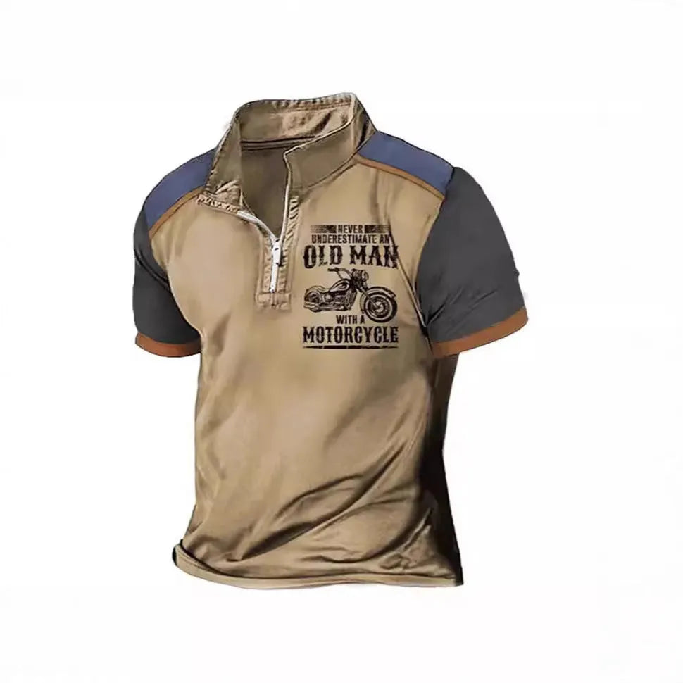 Men's casual short-sleeve polo shirt with lapel collar and printed letter pattern.