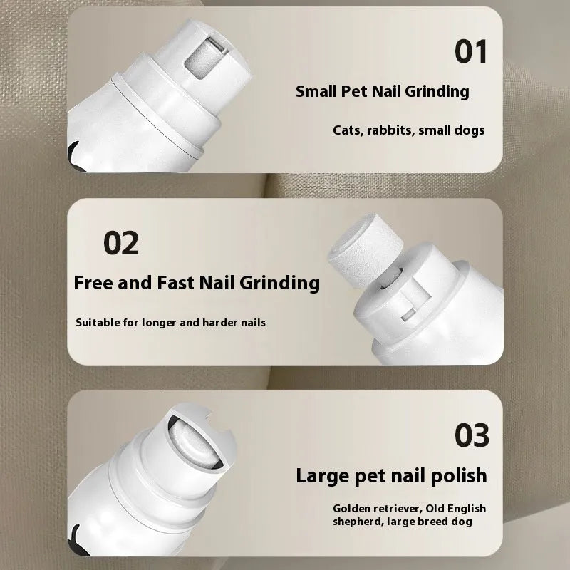 White plastic electric pet nail grinder with 3-speed adjustment and power display, plus charging cable