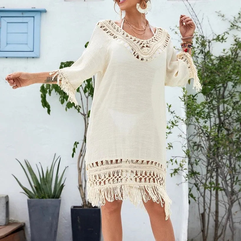 Apricot women's crochet knitted patchwork dress with half sleeves on a mannequin