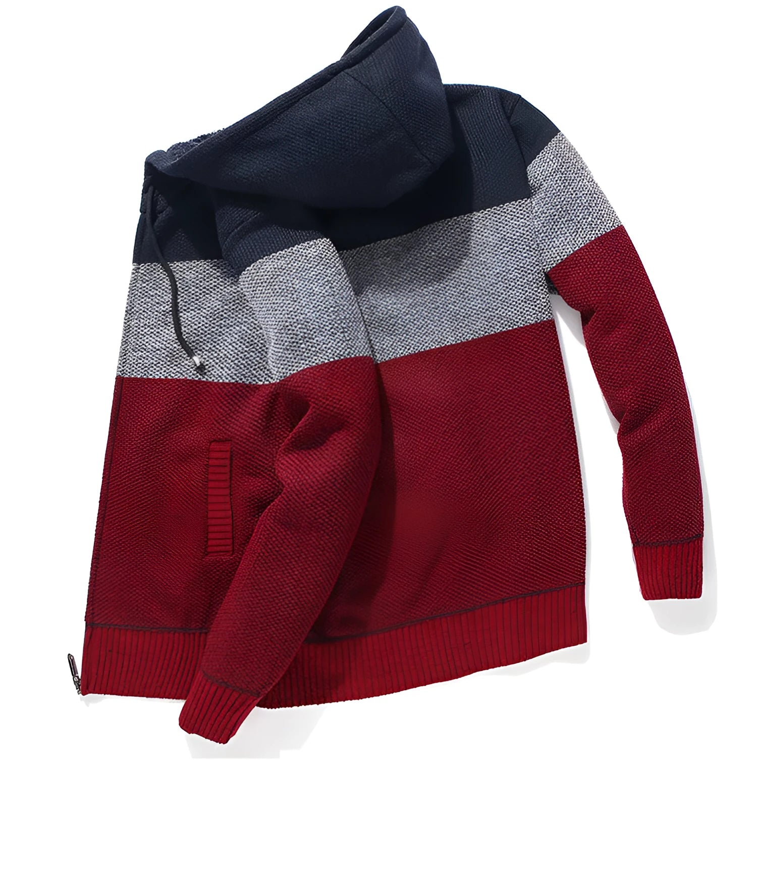 Casual men's hooded plus fleece warm sweater cardigan in colour-block design, front view, on a plain background.