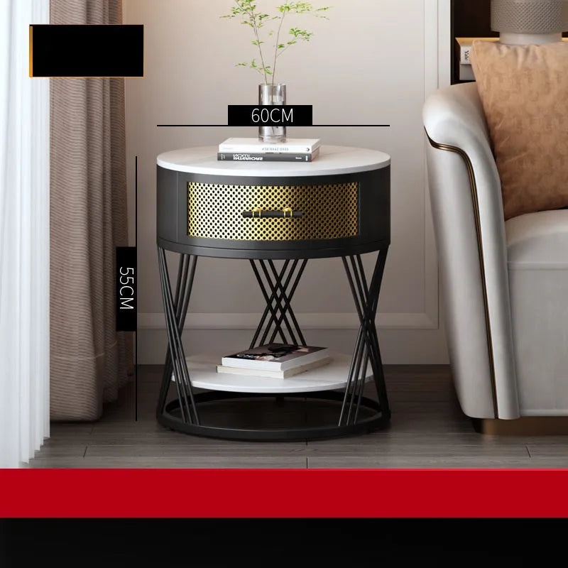 Round slate coffee table with metal frame and storage space in black finish