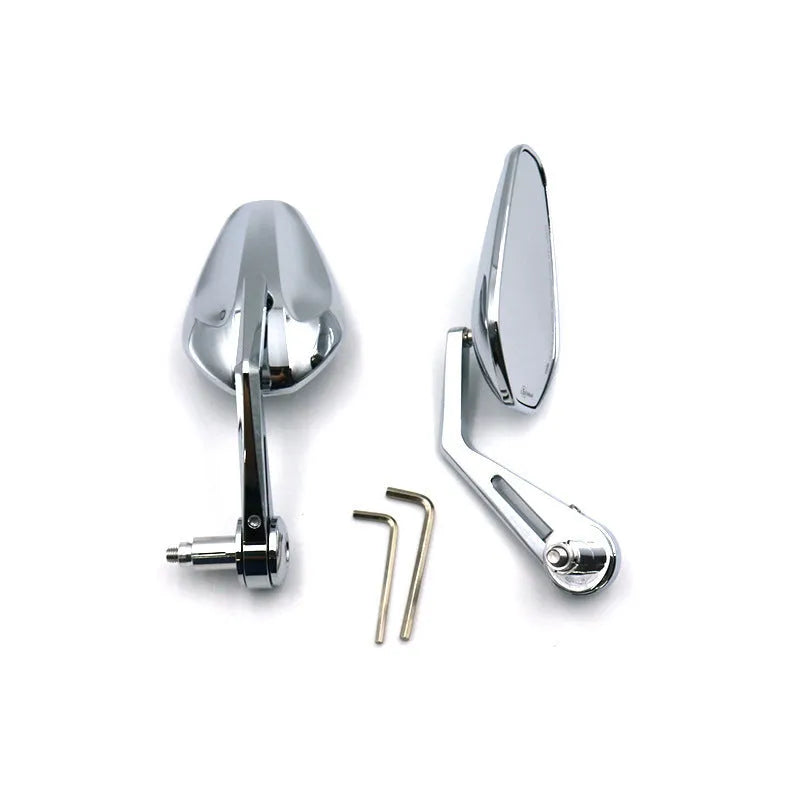 Pair of aluminium alloy retro motorcycle mirrors in black finish mounted on handlebars