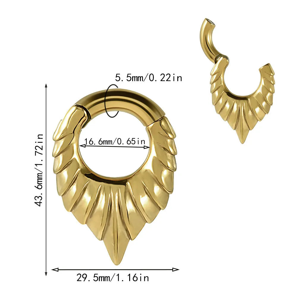 Stainless steel ear extender with egg-shaped auricle and totem design for earlobe stretching.