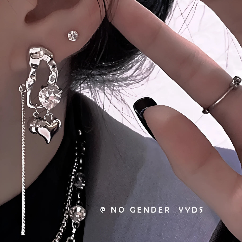Asymmetrical textured stud earrings for women, copper and zircon, 7cm long and 3cm short, silver or gold plated