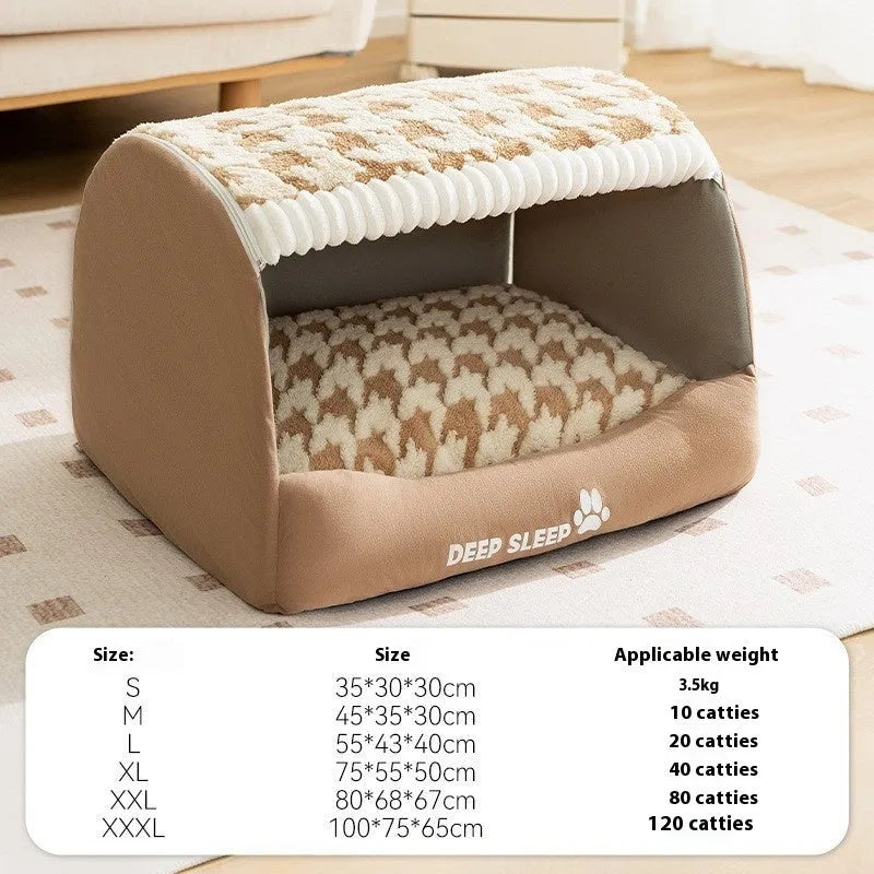Brown bear-shaped enclosed dog kennel pet bed with removable cover on a wooden floor.