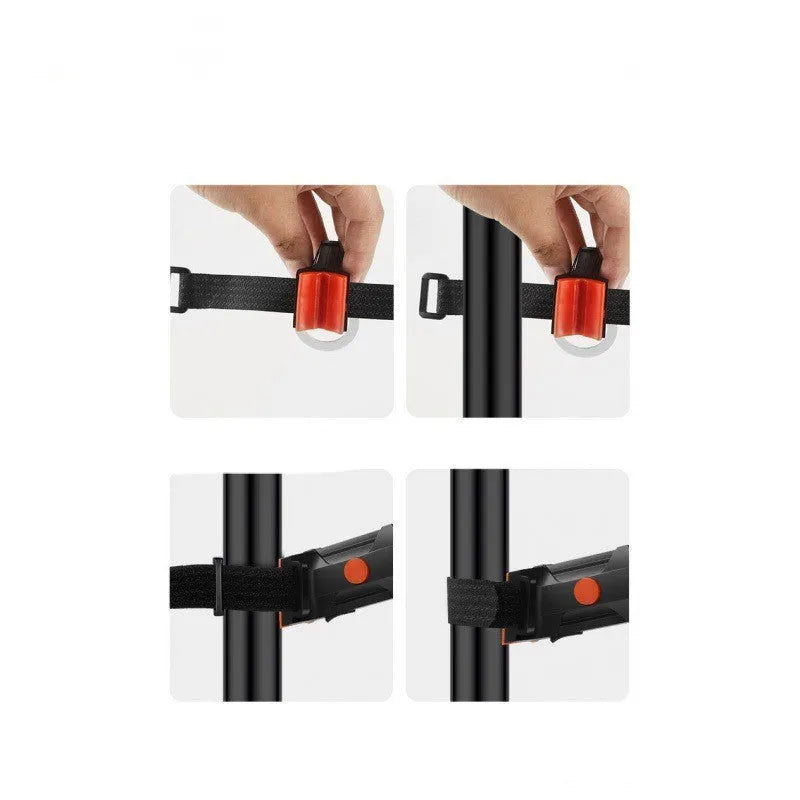 USB-charging waterproof bicycle taillight for night riding shown in blue, pink, red, white and yellow colour options.