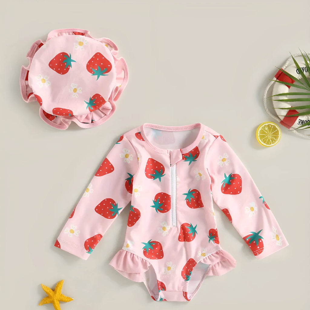 Baby girl one-piece swimsuit with matching hat in pink, polypropylene fibre fabric, size 12-18M