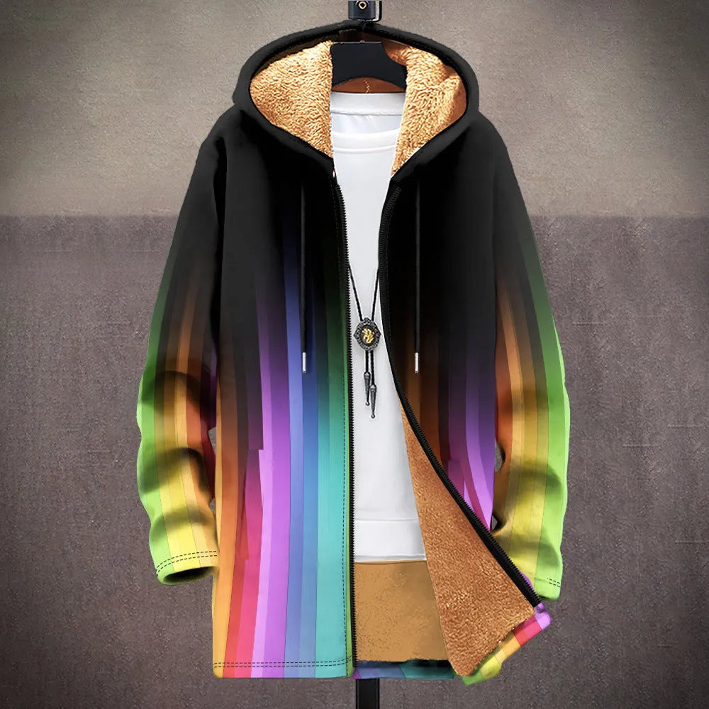 Man wearing a loose-fit, zip-up hooded cardigan with a multicolour digital print pattern.