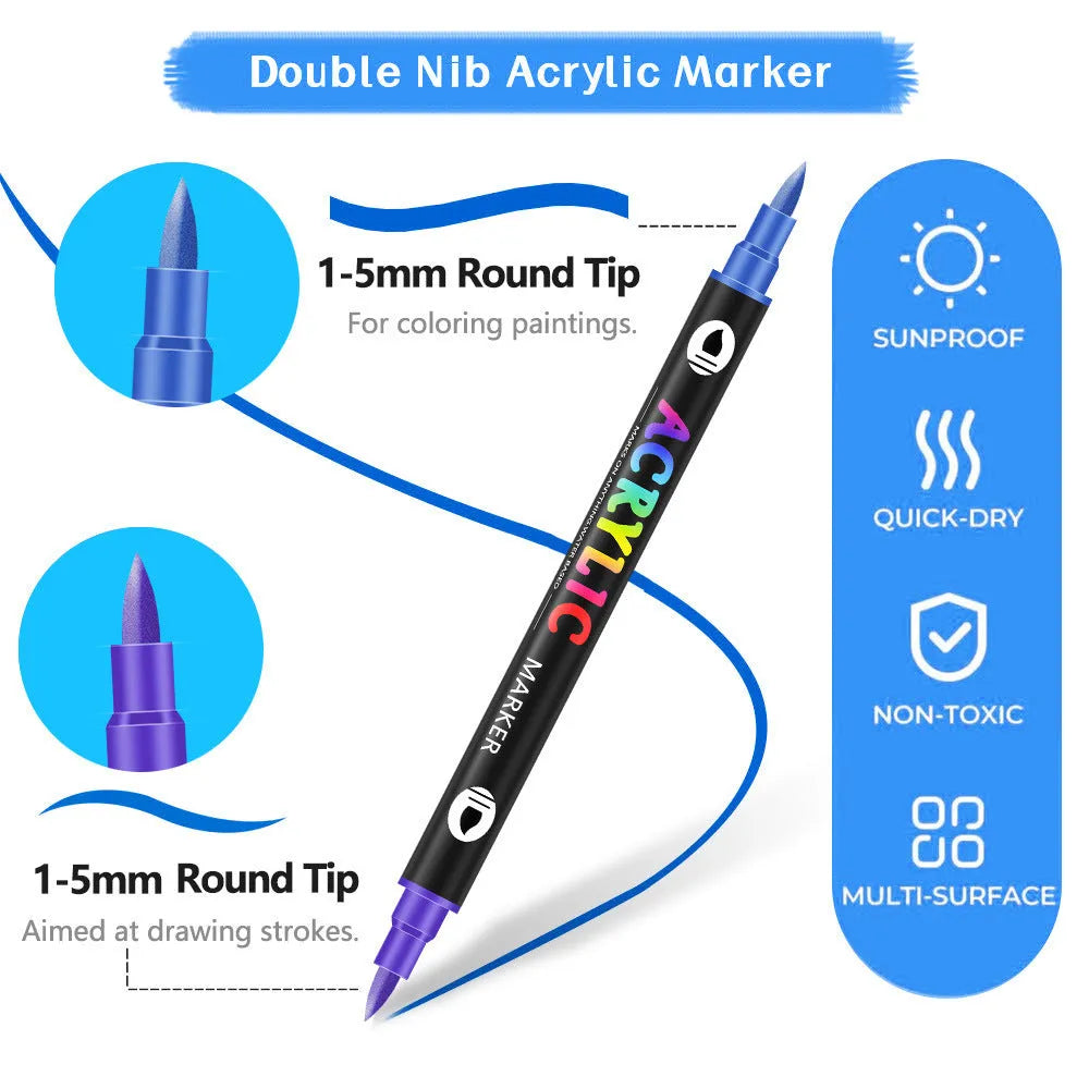 Double-headed acrylic marker pens showing broad and fine tips with opaque colours