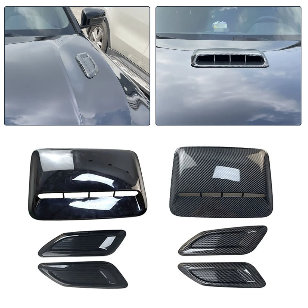 Car airscoop shroud set showing main 40cm cover and two side vent panels in black or carbon fibre finish