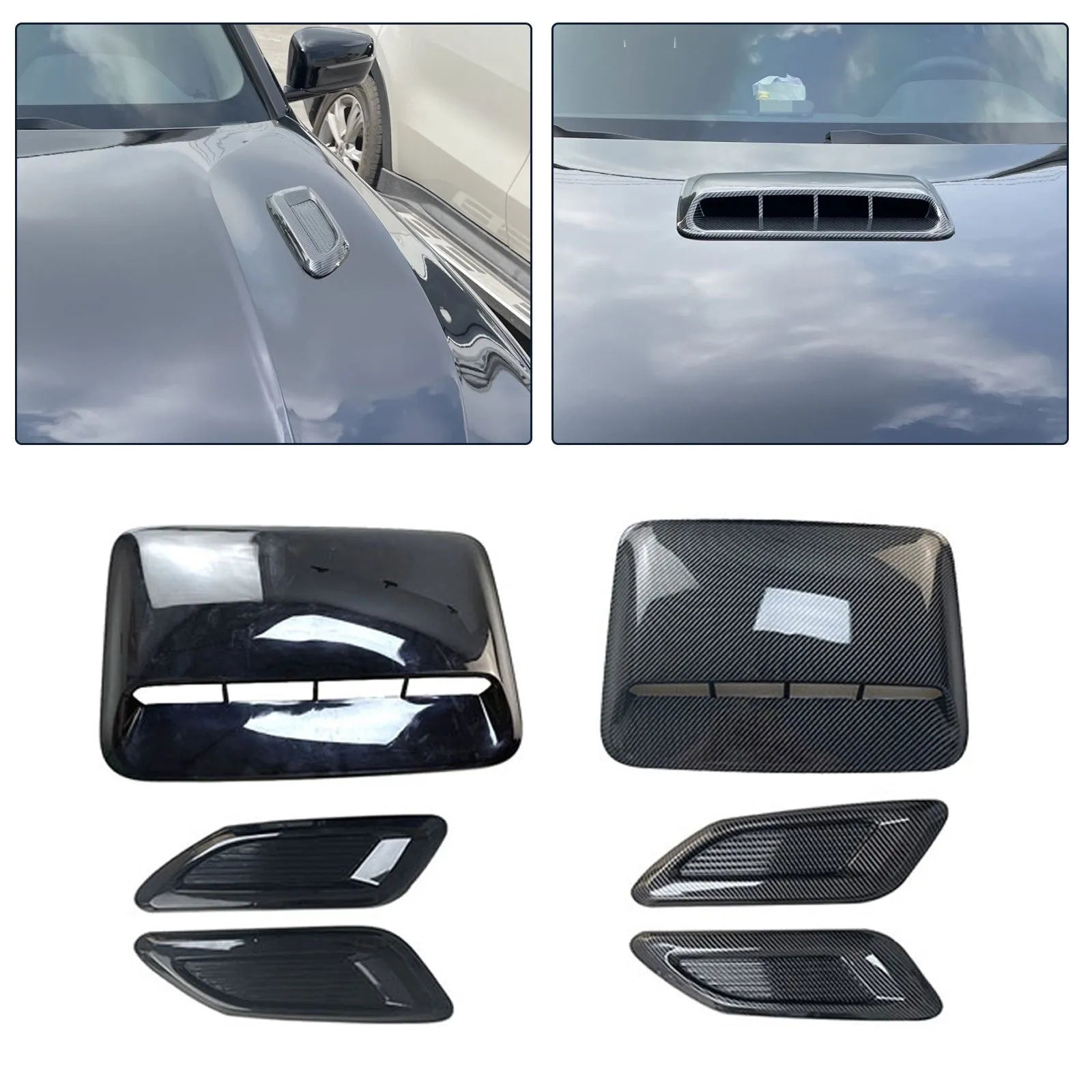 Car airscoop shroud set showing main 40cm cover and two side vent panels in black or carbon fibre finish