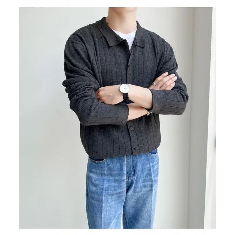 Men's casual loose lapel chenille cardigan sweater in gray, cotton blend, shown on model, front view