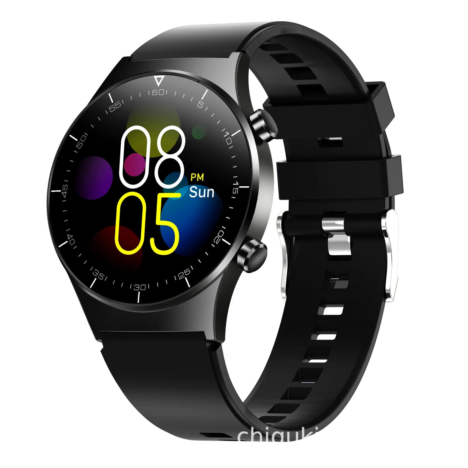 Black smartwatch with health monitoring on a TPU wristband showing a 1.28-inch touch screen.