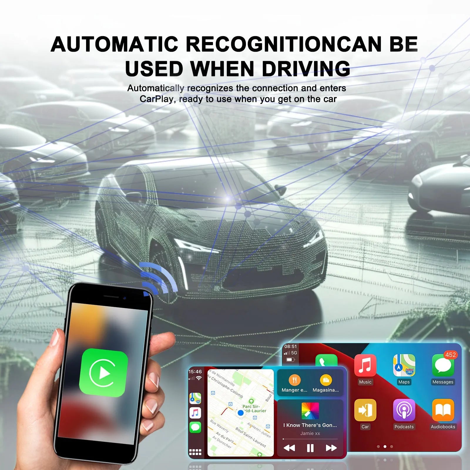 Black wireless CarPlay adapter module with USB cables for converting wired CarPlay systems