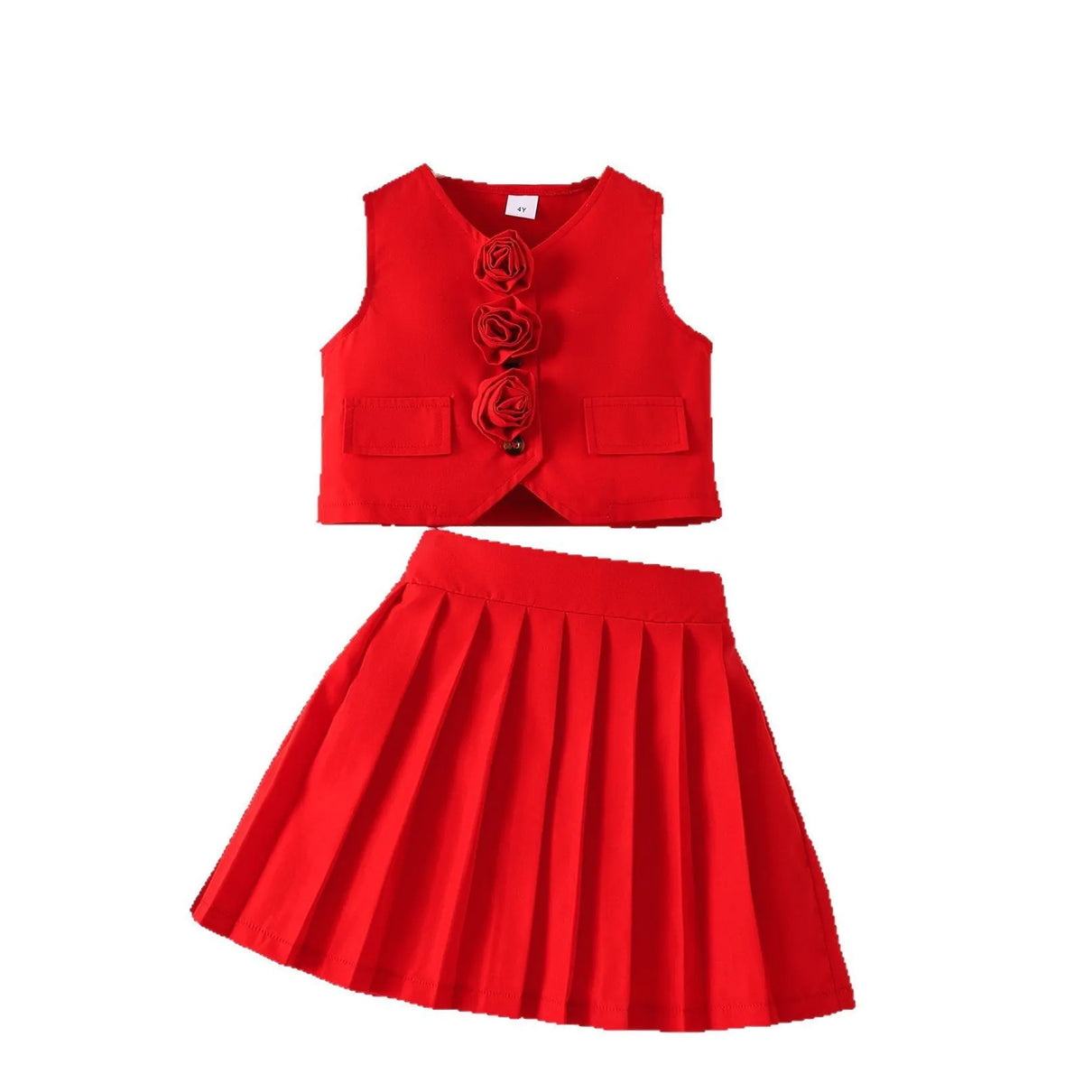 Girls' polyester suit vest and pleated skirt set in red, pink, or purple, sizes 4Y to 7Y