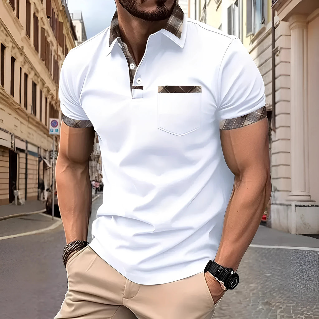 Men's loose fit plaid colourblock t-shirt with zip detail on sleeve in multiple colour options.